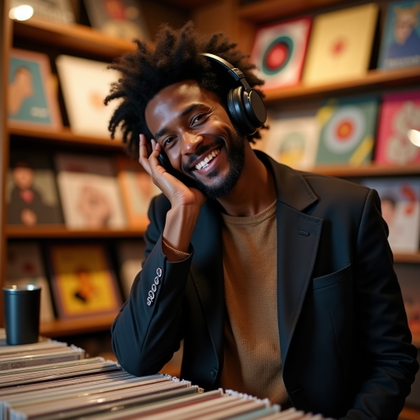Dating profile photo, a half-body lifestyle portrait in a curated vinyl record shop, with the person standing at a listening station, one hand lifting a headphone cup slightly and the other resting casually near record crates, looking at the viewer with an amused grin. Style with a sharp casual jacket, textured top, warm wood shelving, colorful album art softened behind the subject, moody boutique lighting, and an effortlessly cultured dating-app feel.