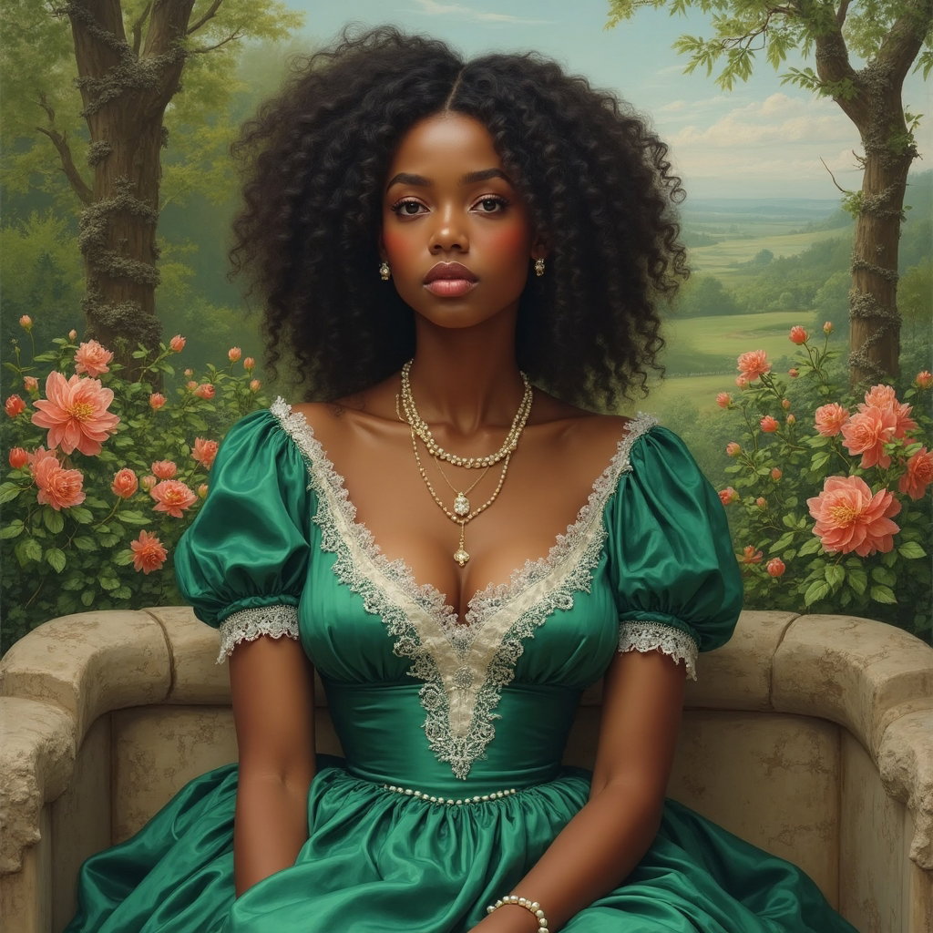 AI-generated photo: Renaissance oil painting. A captivating portrait of a young noblewoman at rest within a meticulously...