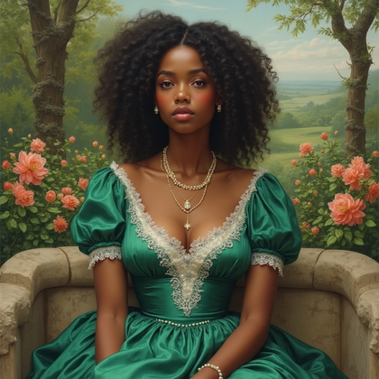 AI-generated photo: Renaissance oil painting. A captivating portrait of a young noblewoman at rest within a meticulously...