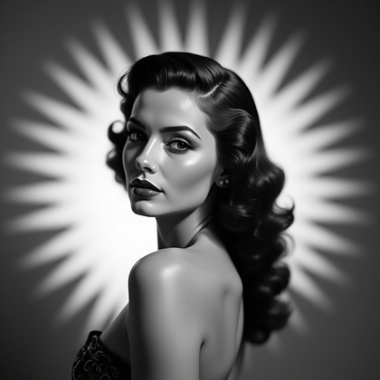 AI-generated photo: Black-and-white Old Hollywood studio headshot photograph with a dramatic iris vignette shaped by fla...