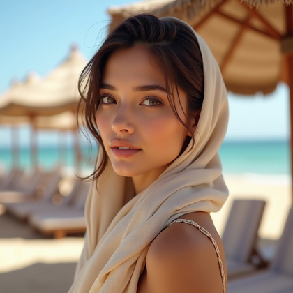 Close-Up Riviera Beauty Portraits With Sunglasses, Scarves, or Windblown Hair example: Photorealistic portrait photography. Profile/avatar-style beauty crop with the face centered and clearly visible, set ag