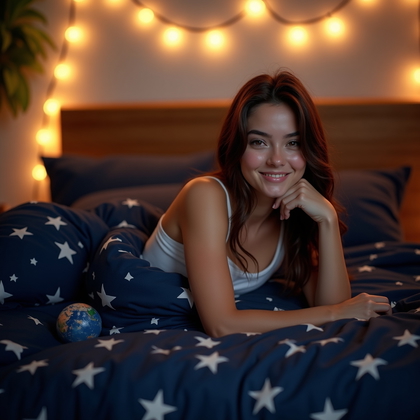 AI-generated photo: Photorealistic lifestyle photography. Person lounging on a bed covered with a dark navy star-pattern...