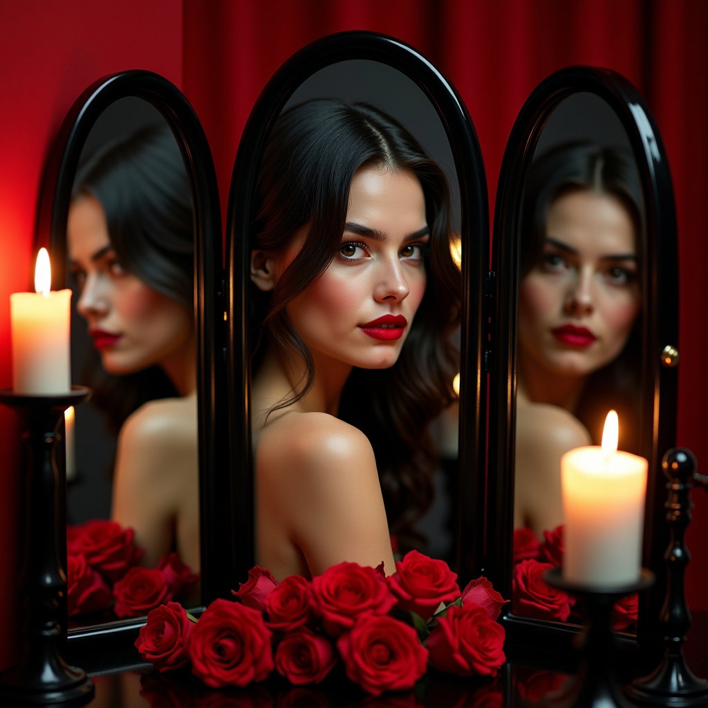 Mirror Vanity Glance Portrait example: Dating profile photo. Unexpected creative vanity portrait using a three-panel mirror to create elegant layered reflectio