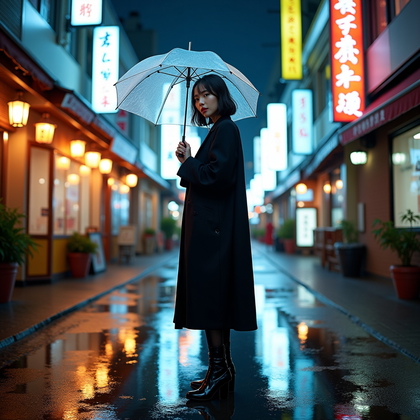 AI-generated photo: Fashion editorial street photography, an ultra-polished rainy umbrella street portrait set in a vibr...
