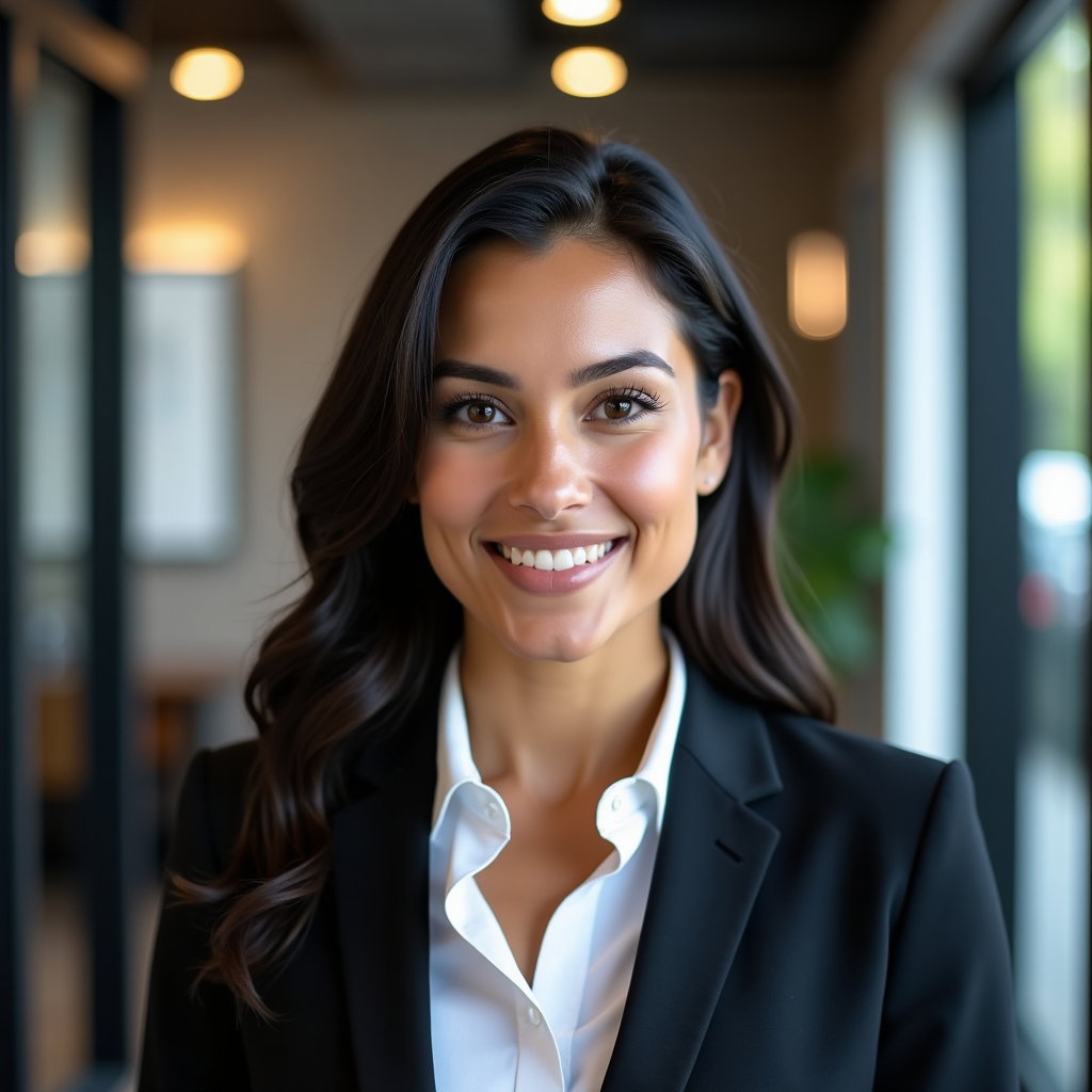 AI-generated photo: Professional headshot in a contemporary co-working space with matte black frames and glass partition...