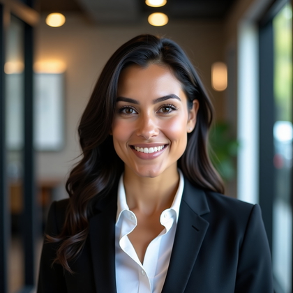 AI-generated photo: Professional headshot in a contemporary co-working space with matte black frames and glass partition...