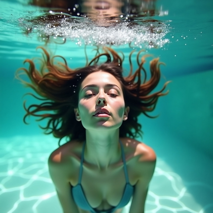 AI-generated photo: Photorealistic underwater portrait photography. The subject floats neutrally in a clear, turquoise p...