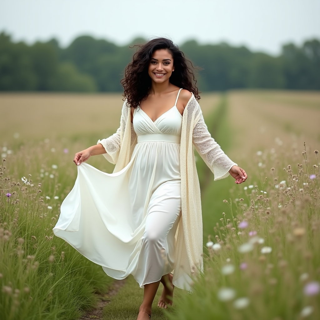 Demi-tour dans la prairie : photo personnelle en pied, à la fois joueuse et délicate, dans une prairie d’été, avec une seule personne visible tournant dans les hautes herbes avec une robe blanche légère et…