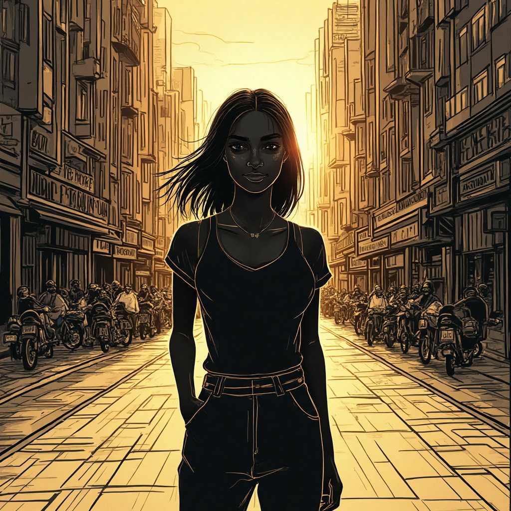AI-generated photo: **Line Art** illustration depicting the silhouette of a person standing confidently on a bustling ci...