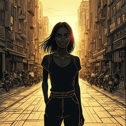 AI-generated photo: **Line Art** illustration depicting the silhouette of a person standing confidently on a bustling ci...