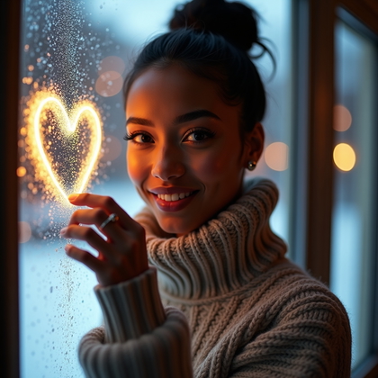 AI-generated photo: Photorealistic winter lifestyle portrait by a chilly pane where the person traces a small heart in t...