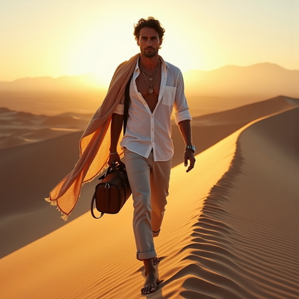 AI-generated photo: Photorealistic travel lifestyle photography: sunrise over sweeping desert dunes with wind-carved rid...