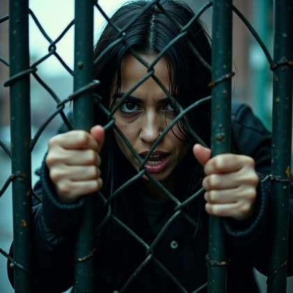 Rain-Soaked Street Escape Portrait example: Cinematic horror portrait photo. Action portrait of the subject pushing through a chain-link gate in the rain, face clea