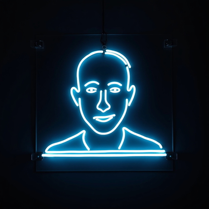 AI-generated photo: Neon light installation photographed in studio. A perfectly centered, front-facing bust caricature i...