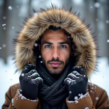 AI-generated photo: Photorealistic dating profile photo. High-key winter portrait in active snowfall, the oversized fur-...