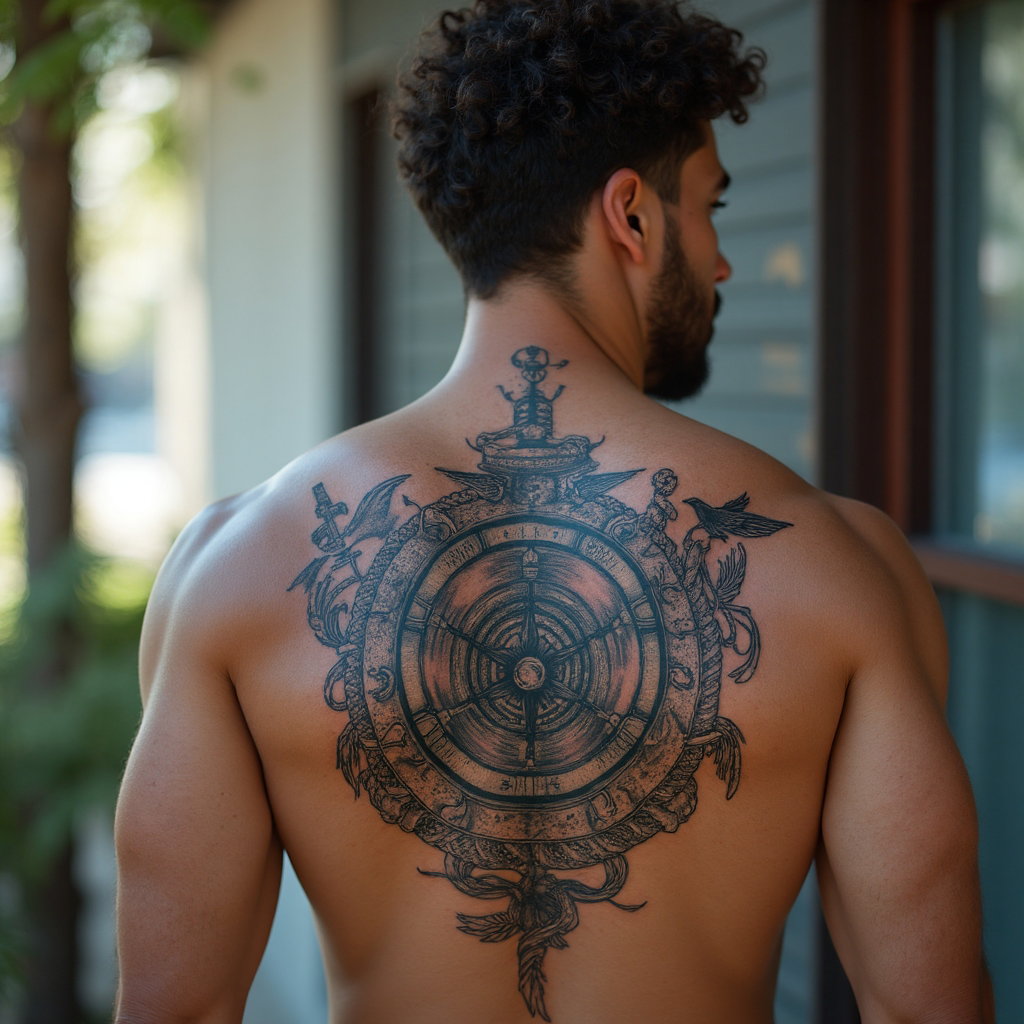 AI-generated photo: Photorealistic photography highlighting a man with a traditional nautical-themed tattoo on his upper...