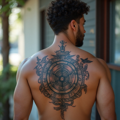 AI-generated photo: Photorealistic photography highlighting a man with a traditional nautical-themed tattoo on his upper...
