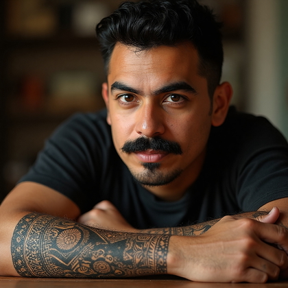 AI-generated photo: Photorealistic photography of a 29 years old Latino man with a larger build and a mustache, displayi...