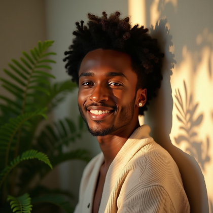 AI-generated photo: Photorealistic studio lifestyle portrait photography, half-body pose leaning casually against a text...