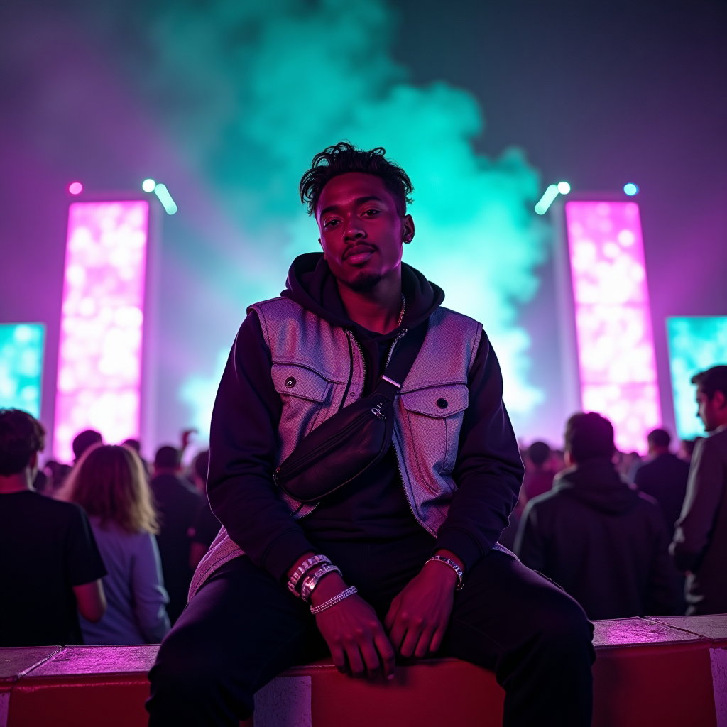Neon Night Main Stage Silhouette example: Photorealistic festival portrait photography. Half-body portrait seated on the edge of a padded crowd-control barrier, l