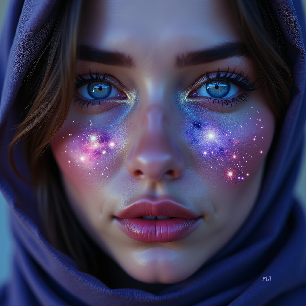 AI-generated photo: Photorealistic cosmic portrait photography. Extreme close-up of a face framed tightly so the eyes an...
