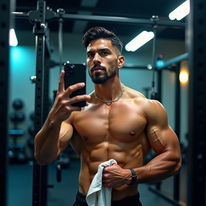 AI-generated photo: Photorealistic fitness photography showing a waist-up mirror selfie in a strength zone right after a...