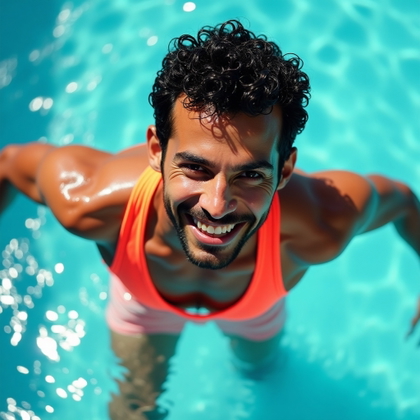 Poolside Swimwear Hero Portrait example: Photorealistic fashion editorial photography. Motion/action pool portrait with the subject stepping out of shallow water