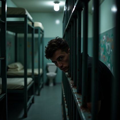 AI-generated photo: Photorealistic prison photography. The camera is stationed inside a dark cell corner, using the cell...