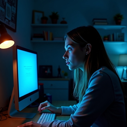 AI-generated photo: Photorealistic beauty portrait photograph in a dimly lit home office at night, with the subject sitt...