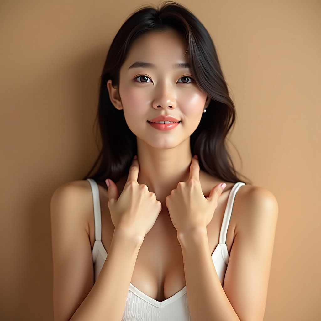 AI-generated photo: Photorealistic beauty portrait photography. The subject is framed from shoulders up against a soft, ...