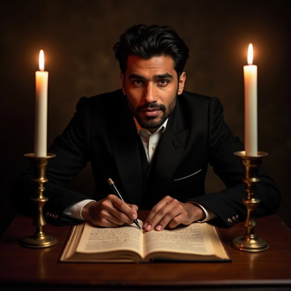 Candlelit Writing Desk Portrait With Ink-Stained Hands example: Photorealistic portrait photography. Editorial hero image with the subject centered behind a writing desk, face clearly