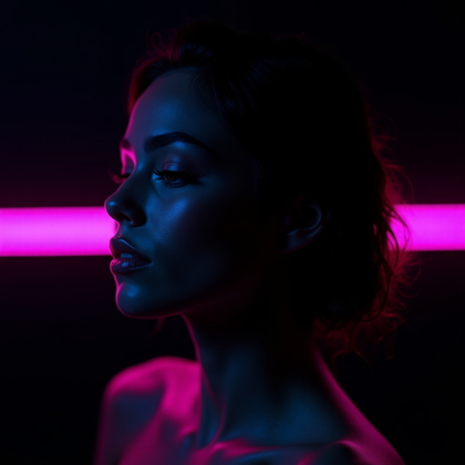 AI-generated photo: Photorealistic studio portrait photography. Close-up horizontal semi-silhouette portrait from the sh...