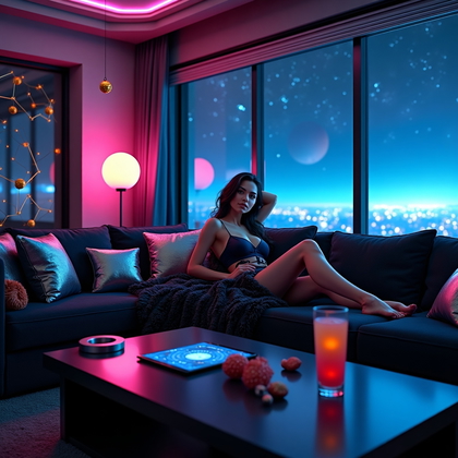 AI-generated photo: Photorealistic lifestyle photography. Person reclines lengthwise on a modular sectional couch conver...