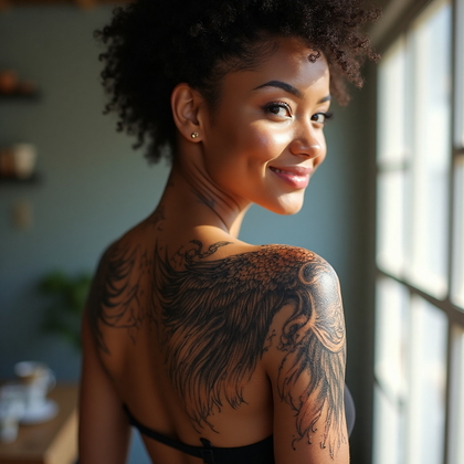AI-generated photo: Photorealistic photography of a woman displaying an intricate blackwork tattoo of a phoenix on her u...