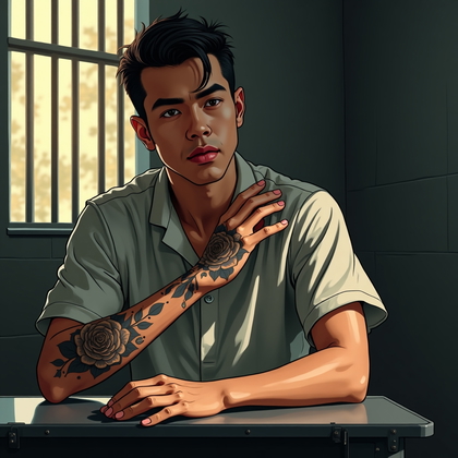 AI-generated photo: Photorealistic prison portrait photograph, the person seated sideways at a bolted-down metal desk in...