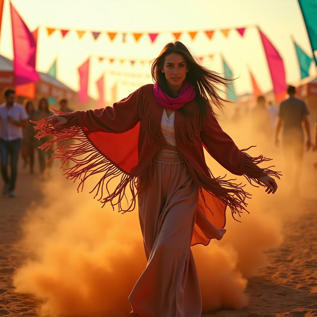 Golden Hour Festival Entrance Walk example: Photorealistic festival portrait photography. Motion/action portrait just before the gate lanes, face clearly visible wh