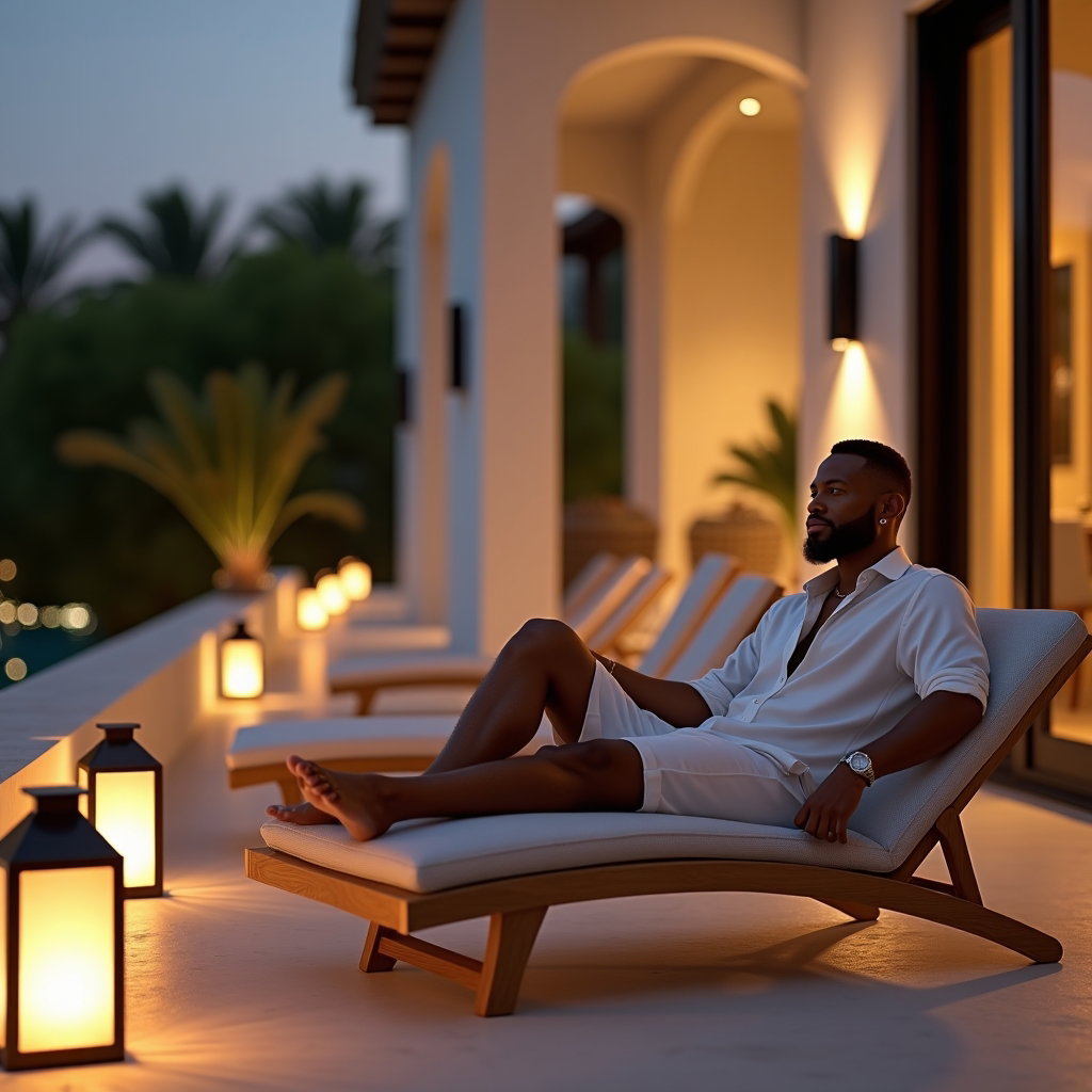 Night-Out Villa Balcony Fit Shot example: Photorealistic environmental portrait. Wide villa balcony scene with the subject seated on a low outdoor lounge chair, f