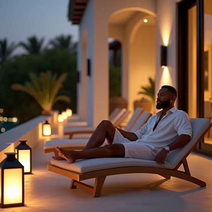 Night-Out Villa Balcony Fit Shot example: Photorealistic environmental portrait. Wide villa balcony scene with the subject seated on a low outdoor lounge chair, f
