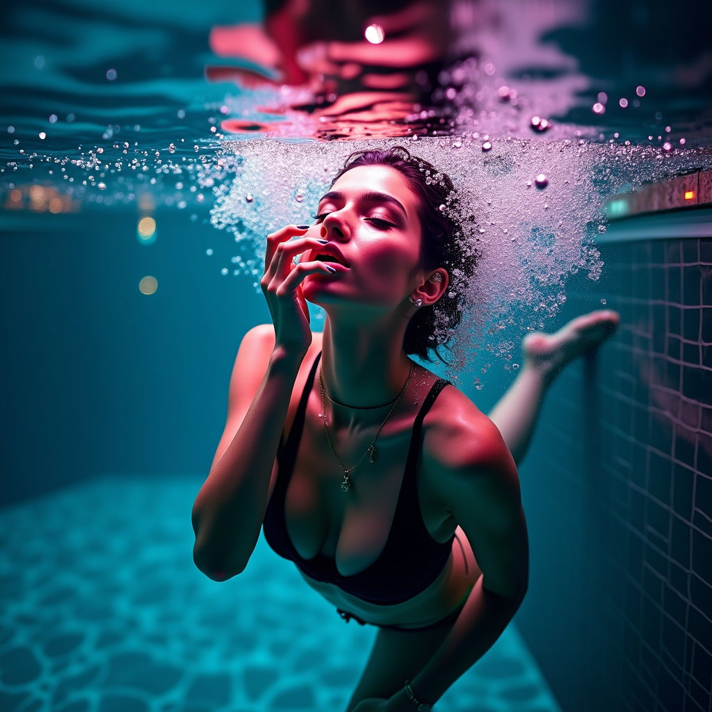 AI-generated photo: Photorealistic underwater portrait photography, full vertical composition set in a dramatic nighttim...