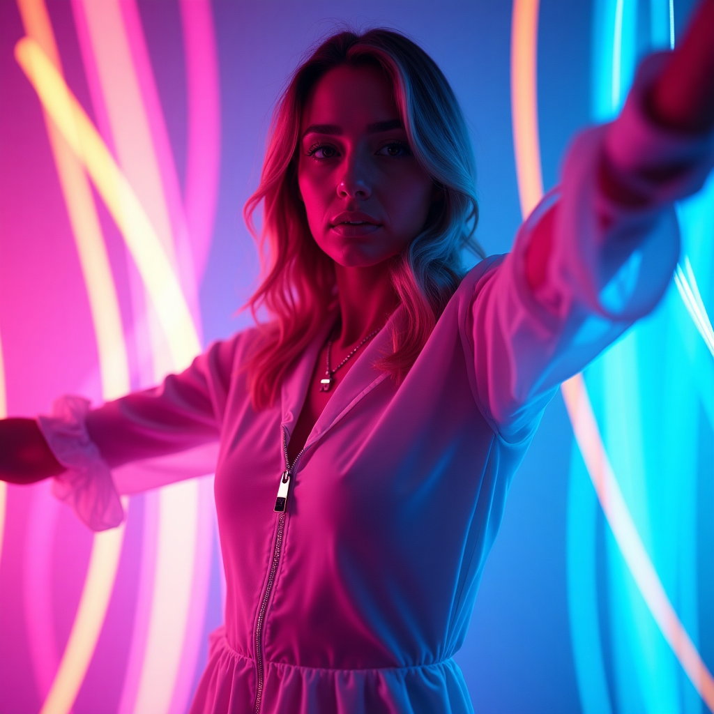 Neon Electropop Album Cover Portraits example: Photorealistic neon electropop album cover portrait. Motion/action portrait captured mid-dance, with arms creating stron