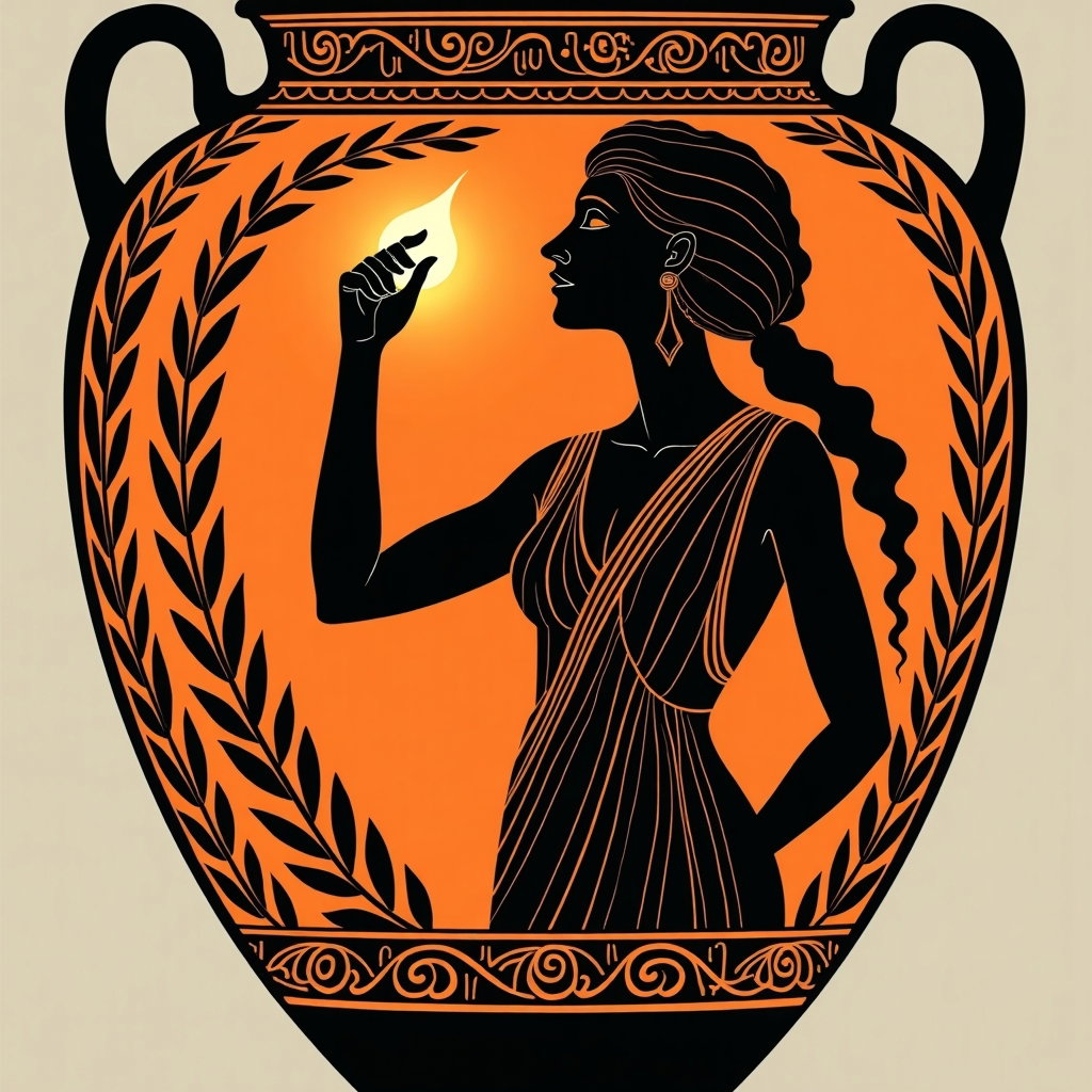 Solo Oracle-Blessed Hero Portrait example: Attic red-figure vase illustration. Unexpected creative variation showing a solo oracle-blessed hero in a bold ancient G