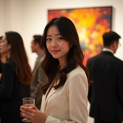 Photorealistic dating profile photo: Contemporary art gallery opening with crisp white walls and a bold abstract canvas as backdrop; subject stands three-quarters to camera with relaxed shoulders, one hand holding a slender glass at waist level, warm track lights modeling the face while a shallow depth of field turns other guests into tasteful blur and keeps the expression front and center.