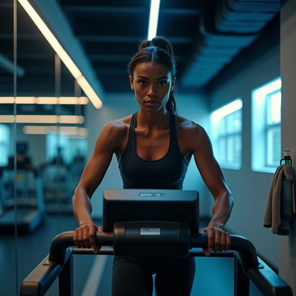 AI-generated photo: Photorealistic fitness photography with a low front three-quarter angle of a treadmill lean-in start...