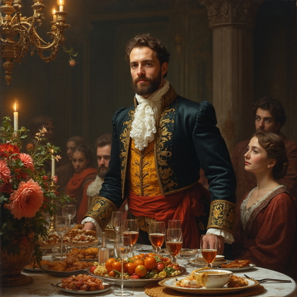 AI-generated photo: Renaissance oil painting. An evocative depiction of a host at a grand banquet, rendered in the detai...