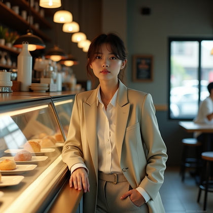 AI-generated photo: Photorealistic lifestyle fashion photography. A contemporary Japanese café portrait showing the subj...