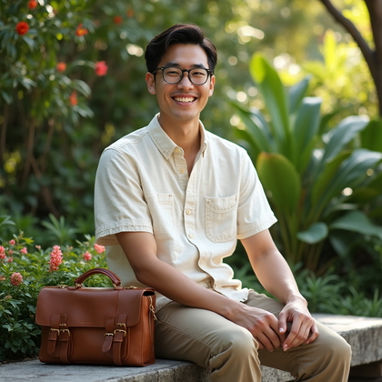 AI-generated photo: Professional headshot in a relaxed lifestyle setting, captured in the tranquility of a botanical gar...