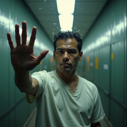 AI-generated photo: Photorealistic prison photography, waist-up shot taken through thick, scratched security glass, subj...