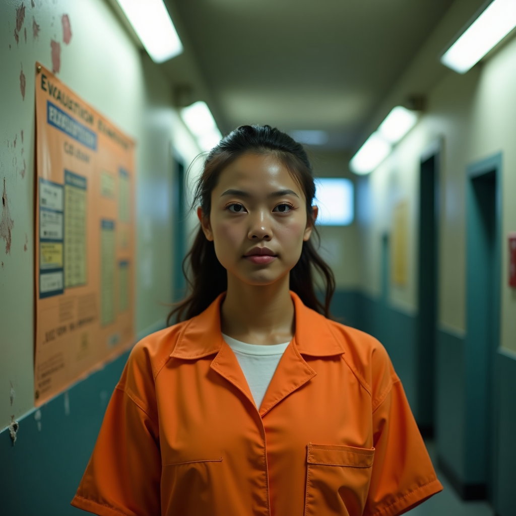AI-generated photo: Photorealistic correctional identity portrait shot in a narrow hallway, with the subject in a standa...