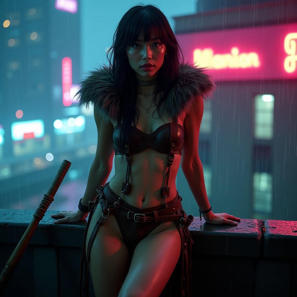 AI-generated photo: Photorealistic cinematic photograph on a rain‑slick urban rooftop at night, distant city lights diff...
