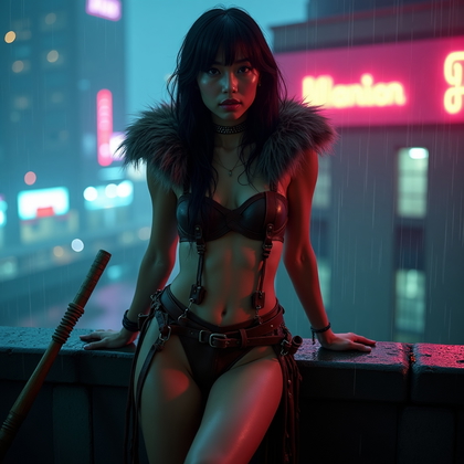 AI-generated photo: Photorealistic cinematic photograph on a rain‑slick urban rooftop at night, distant city lights diff...